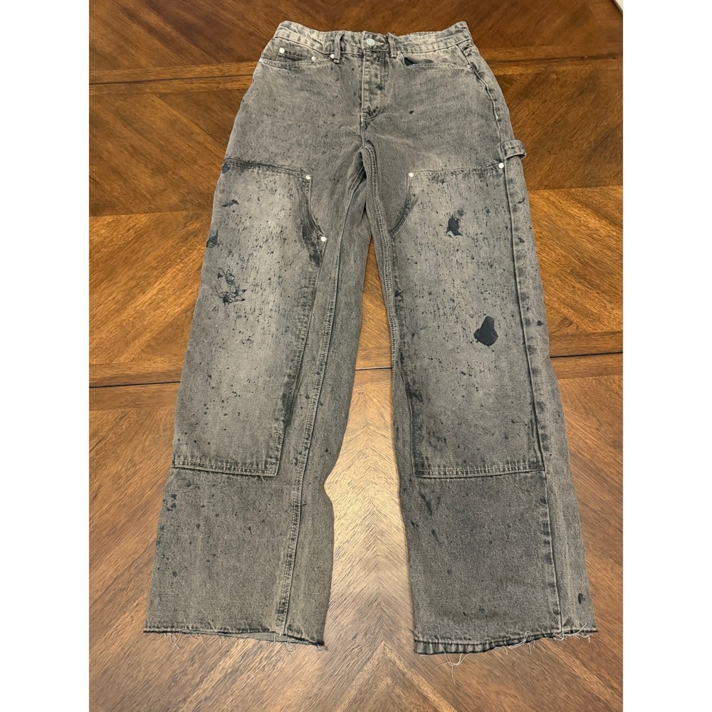 BoohooMAN Grey Acid Wash Paint Splatter Carpenter Jean Double Knee Raw Hem 31x30